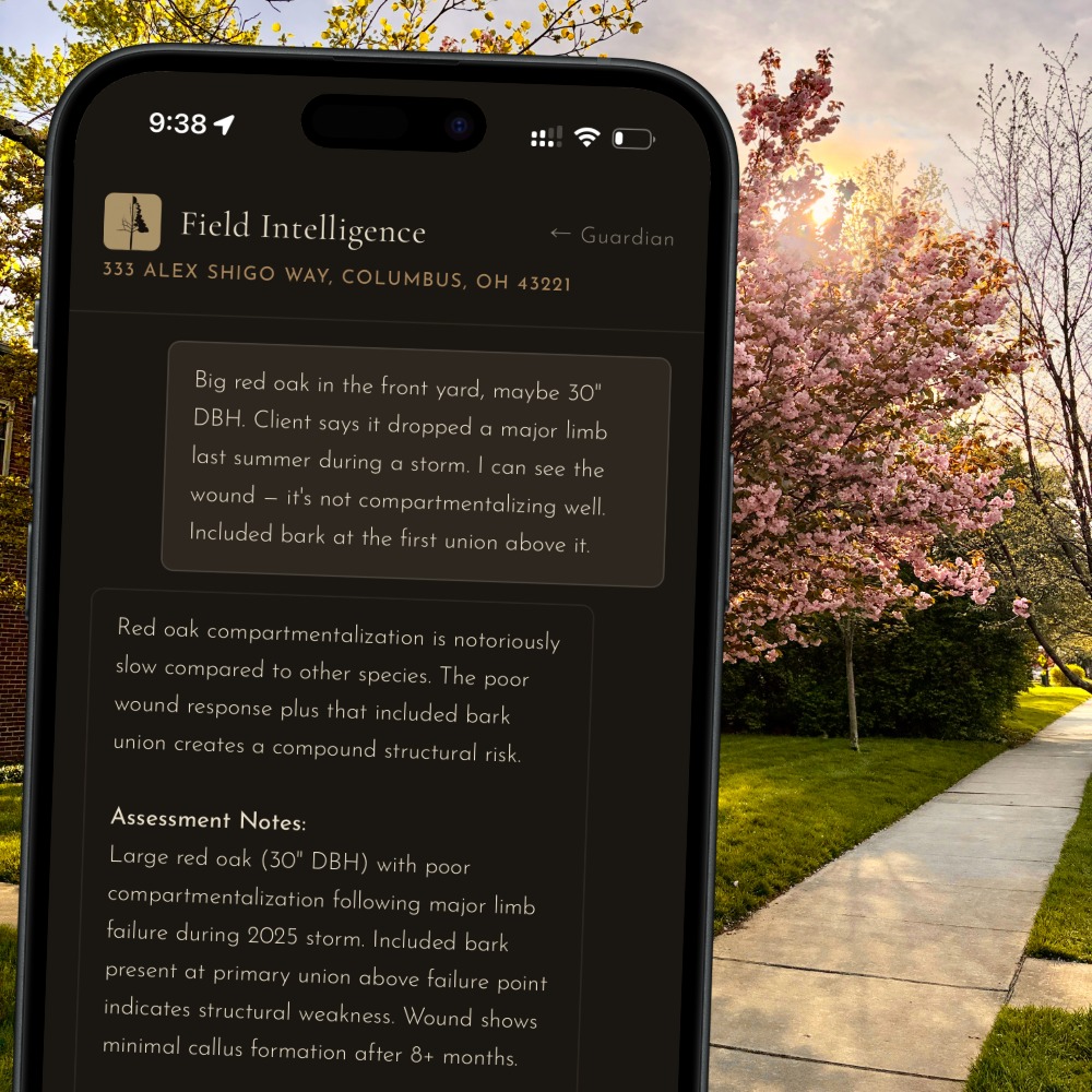 ArbKeep on an iPhone in the field — a live plant health care assessment from the property